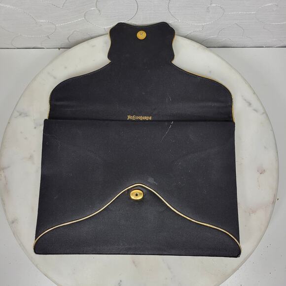 Vintage Yves Saint Laurent Silk Envelope Clutch 9" Black Gold Trim France - Picture 11 of 16
